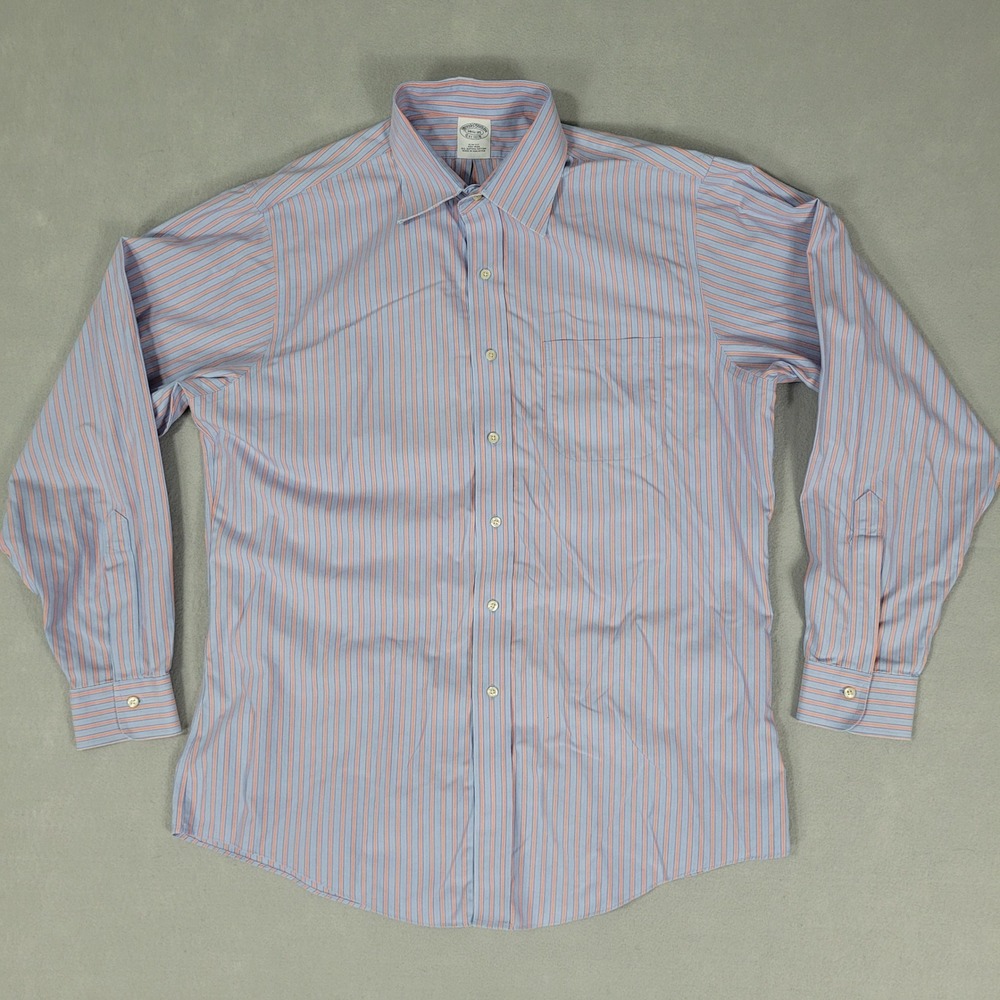 Brooks Brothers Shirt Mens 16.5-35 Blue Orange Striped Slim Fit Supima Non-Iron